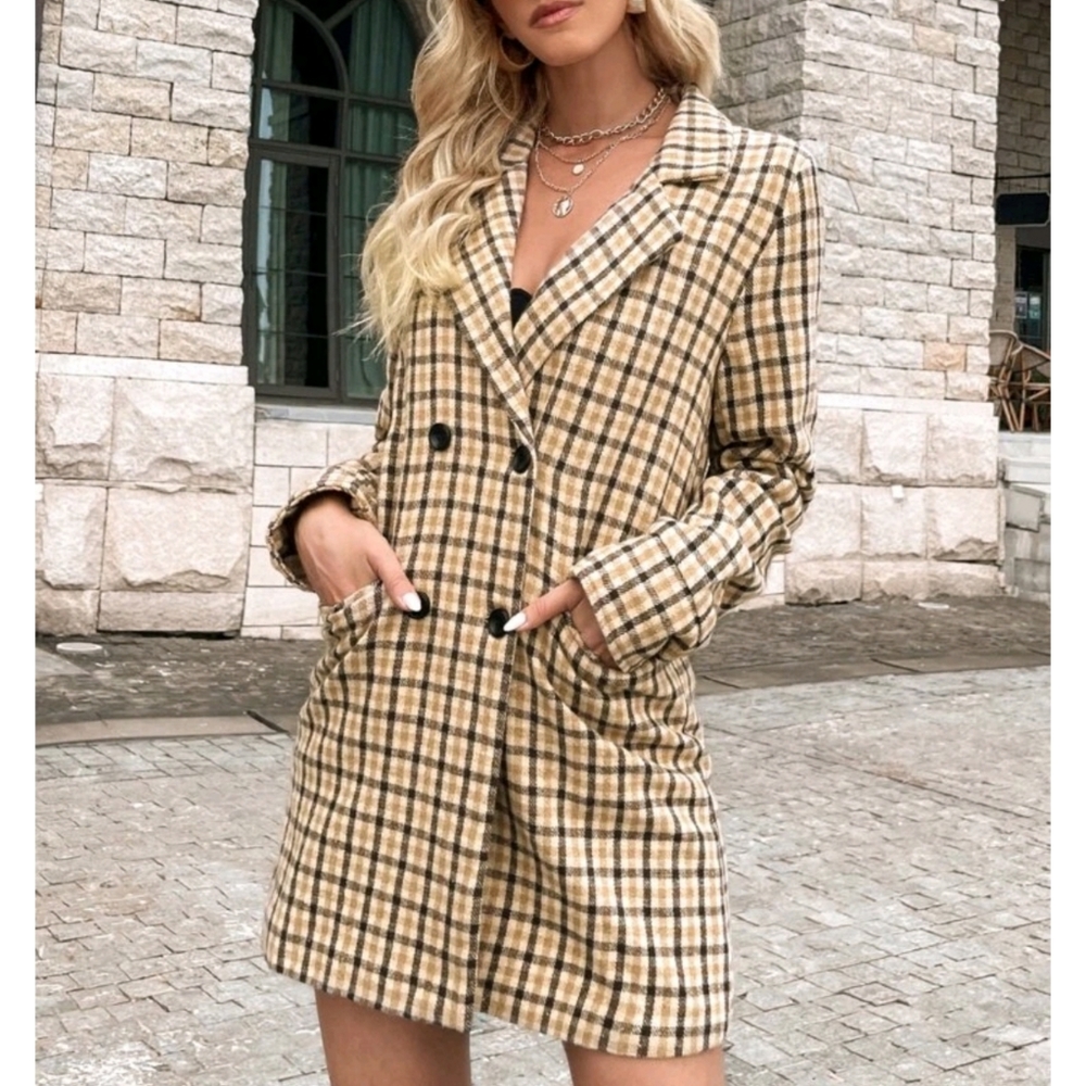 Plaid Double Breasted Button Pocket Blazer - Picture 7 of 13